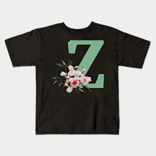 Letter Z green with colorful flowers Kids T-Shirt